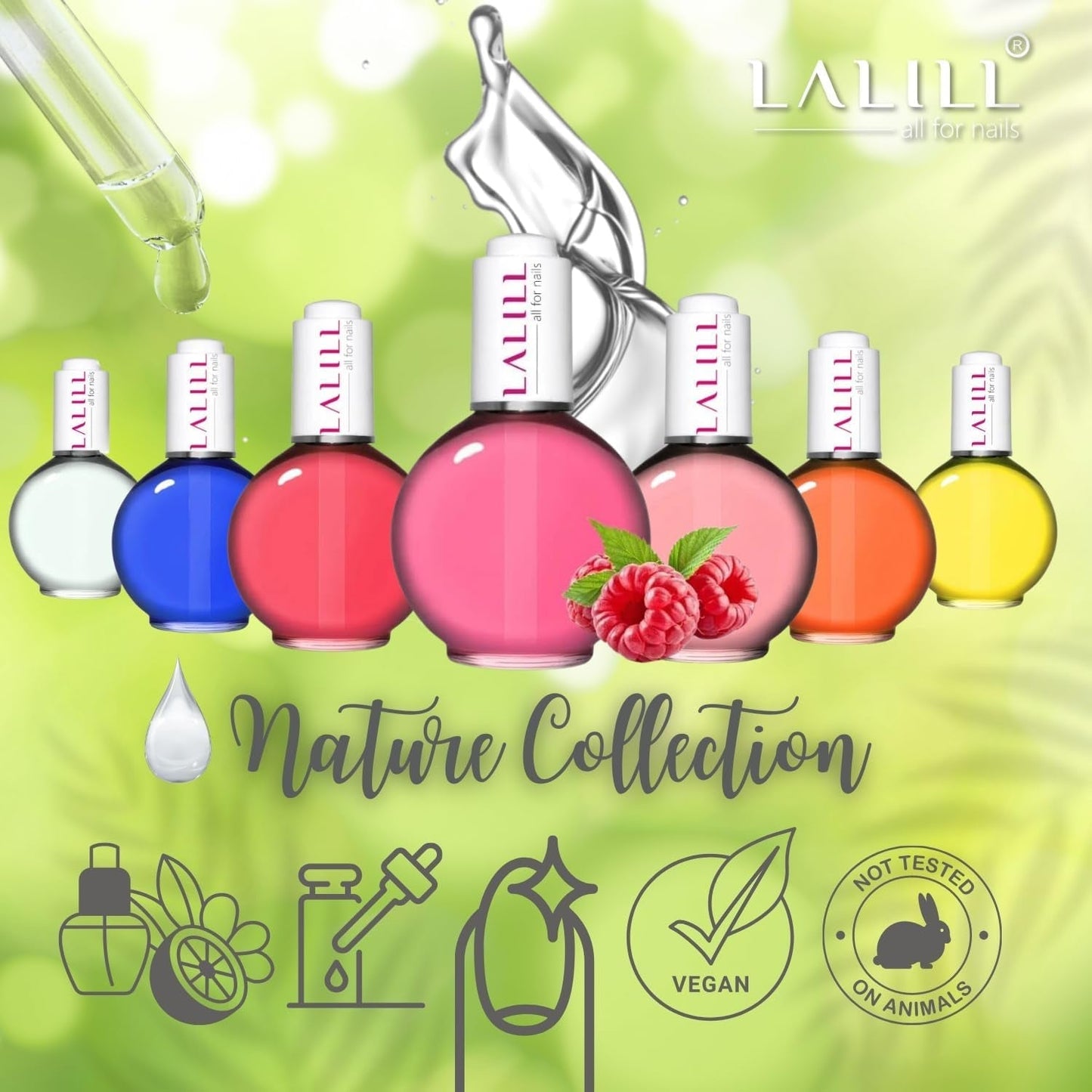 LALILL Olio per cuticole per unghie 75Ml - Himbeere Nagelpflegeöl - Nagelöl Pflege Für Nägel Nagelhaut - SPA Maniküre Naildesign Hände - Vegan - Con pipetta