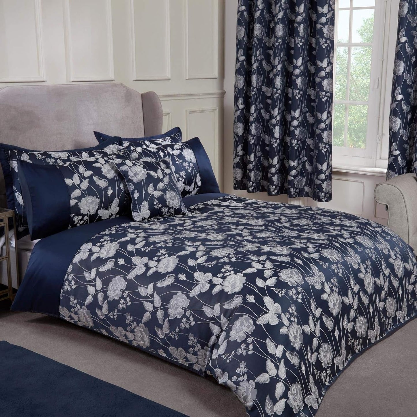 Piumino Butterfly Meadow per letto super king size, 100% poliestere, piumini e trapunte blu navy Naty Shop
