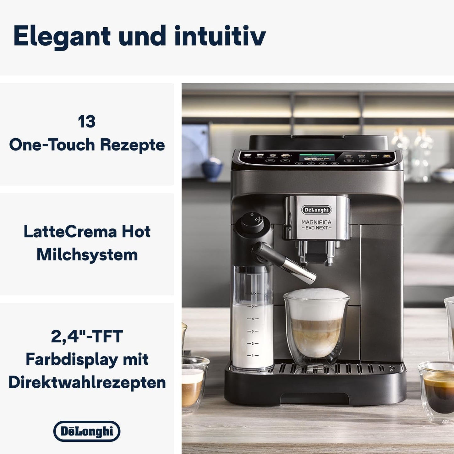 De'Longhi Magnifica Evo Next - Perfetto Espressore completamente automatico con montalatte LatteCrema, 13 bevande one-touch, macchina per caffè e cappuccino, touch screen a colori, titanio (ECAM312.80.TB)
