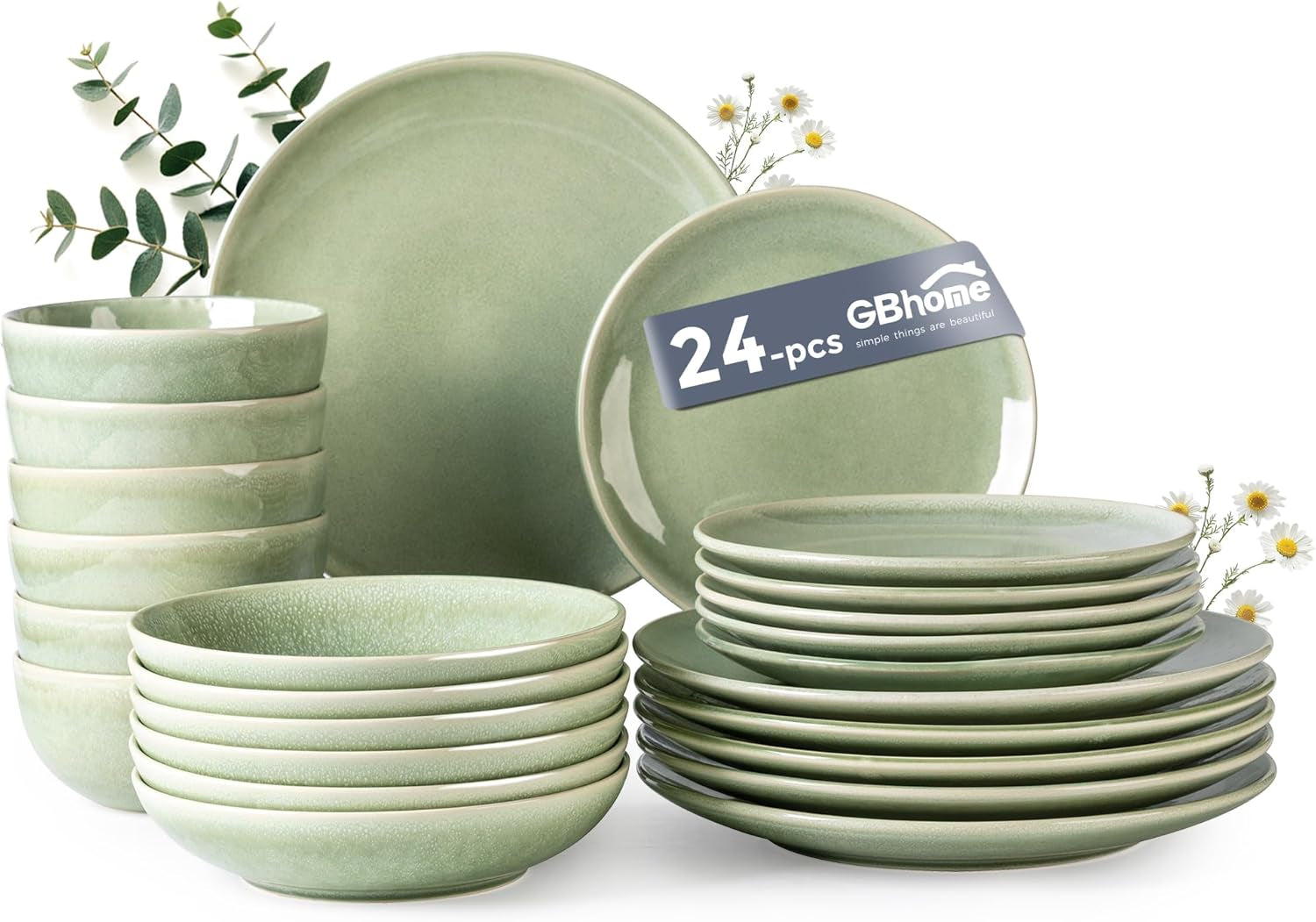 GBHOME Set di stoviglie in ceramica per 6 persone, set di piatti e ciotole dipinti a mano da 24 pezzi, gres antigraffio, lavabile in lavastoviglie e adatto al microonde