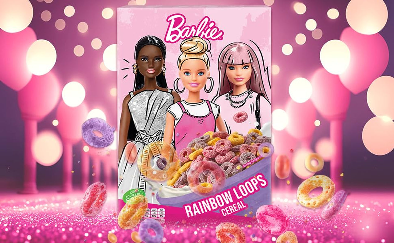 Cereali Barbie Rainbow Loops, anelli colorati di grano, avena e mais al gusto di frutta per una colazione perfetta, 1 confezione (1 x 350g)