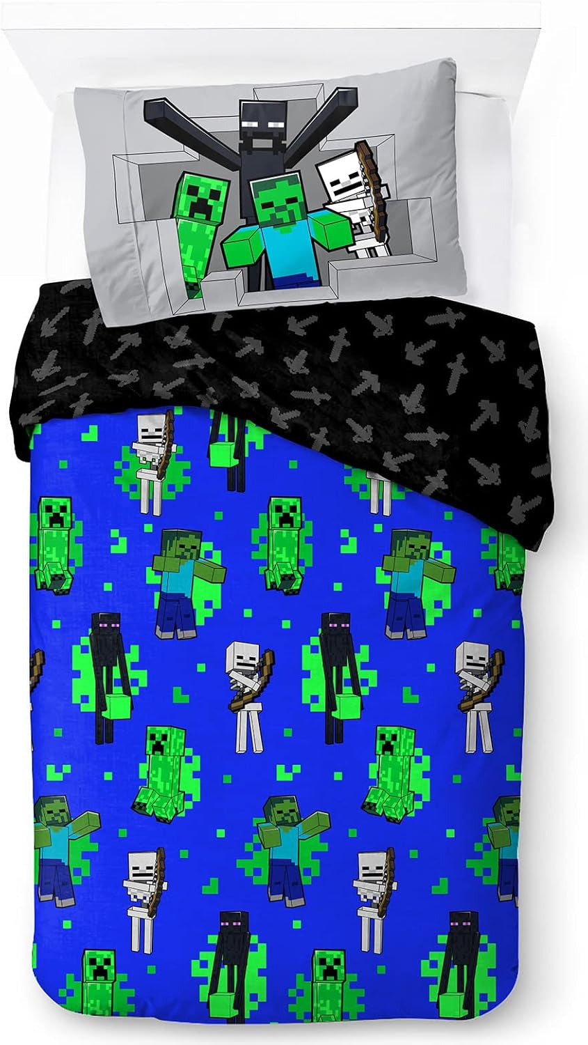 Biancheria da letto per bambini, Personaggi Disney, 100% cotone Biancheria da letto - bambini Naty Shop Blu - Minecraft 135X200/50X70 (2 Pezzi)