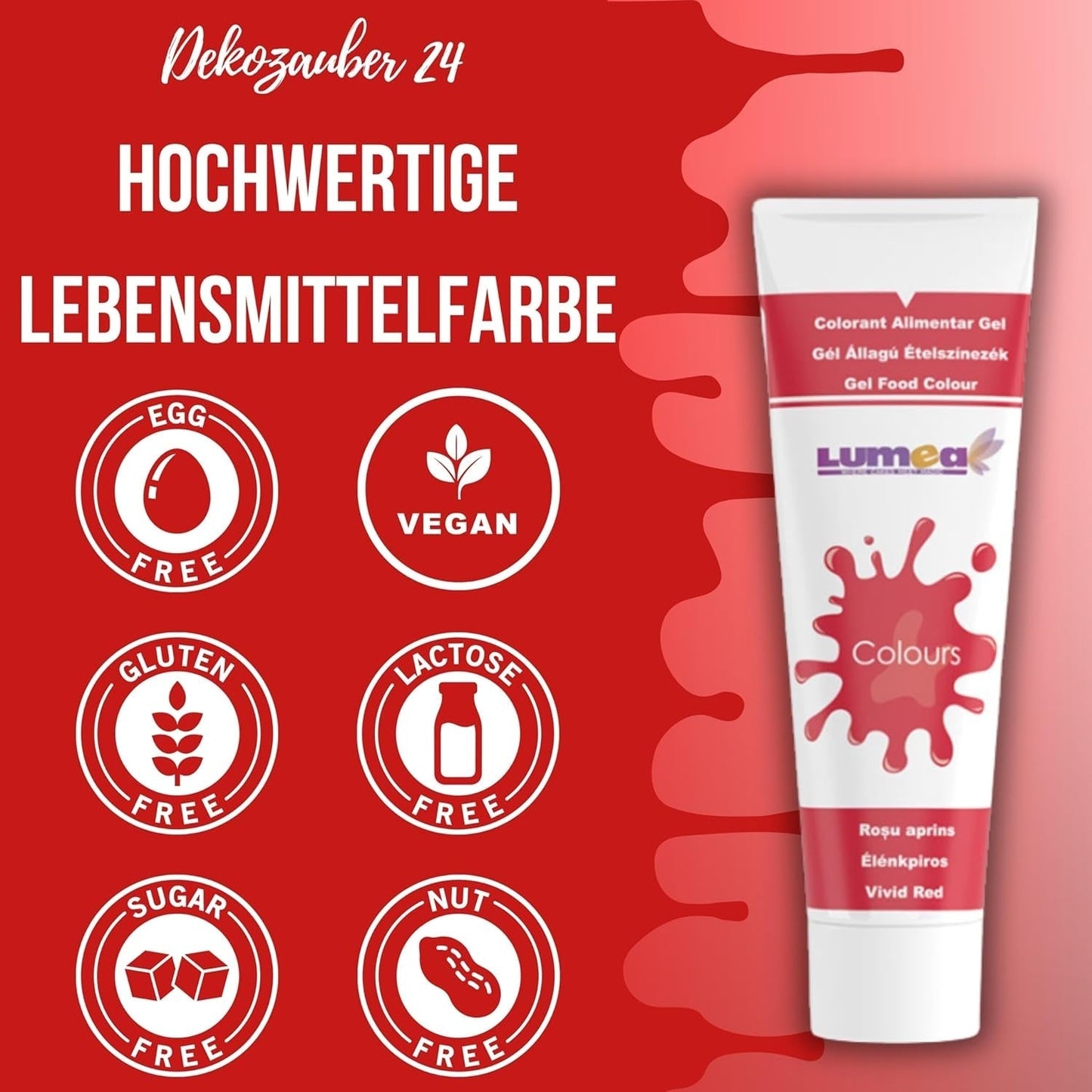 Dekozauber 24 coloranti alimentari rossi, gel, 30 g, vegani, senza zucchero, altamente concentrati, coloranti alimentari rossi per fondente, crema al burro, bevande e altro