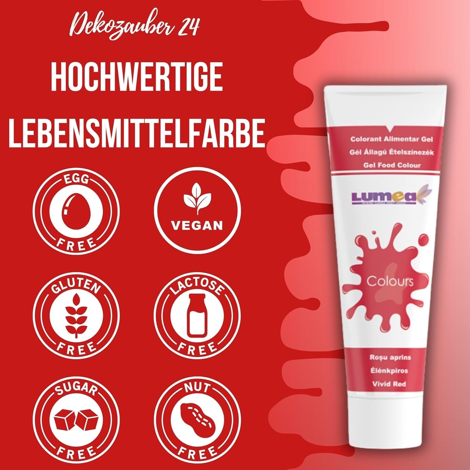 Dekozauber 24 coloranti alimentari rossi, gel, 30 g, vegani, senza zucchero, altamente concentrati, coloranti alimentari rossi per fondente, crema al burro, bevande e altro