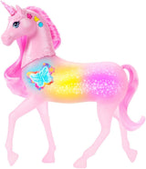Barbie unicorno che si illumina al buio con 20 combinazioni interattive di effetti luminosi, sonori ed musicali per giocare premendo i pulsanti e accarezzando la testa, JCP78