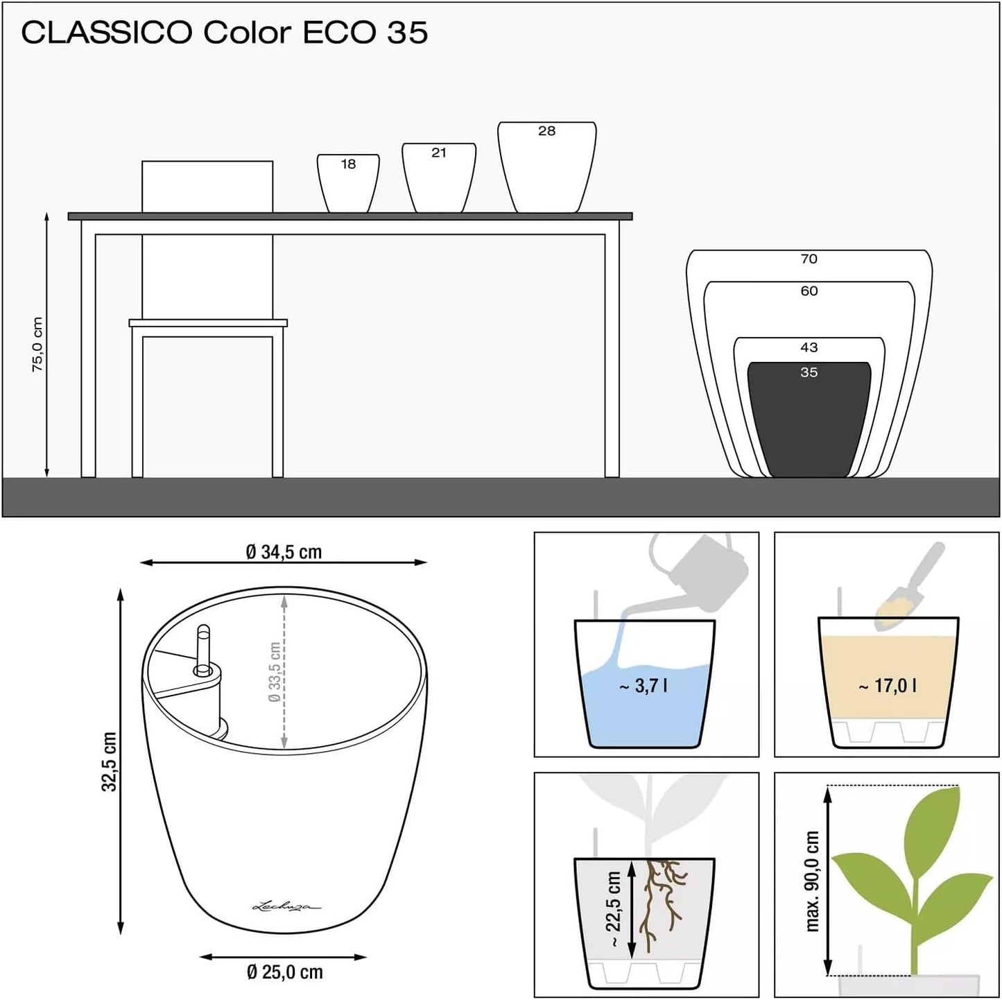 Fioriera LECHUZA Classico Colore ECO 35 Grigio Scuro | Fioriera con sistema di irrigazione e indicatore del livello dell'acqua | Realizzato in plastica riciclata al 100% | Finitura opaca | Ø 34,5 x 32,5 cm | 18935