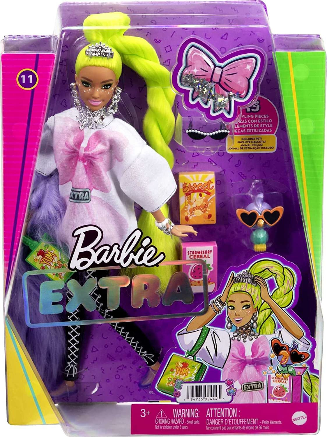 Barbie HDJ44 - Bambola Extra #11 con maglietta e leggings oversize, pappagallo, capelli extra lunghi verde neon e accessori, articolazioni flessibili, giocattolo regalo per bambini dai 3 anni in su Naty Shop Dolls