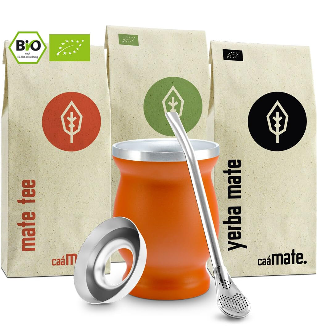 Set da tè Mate Bio ● 3 assortimenti di Mate + Tazza Mate in acciaio inossidabile a doppia parete + Bombilla + Istruzioni per la preparazione (Nero)