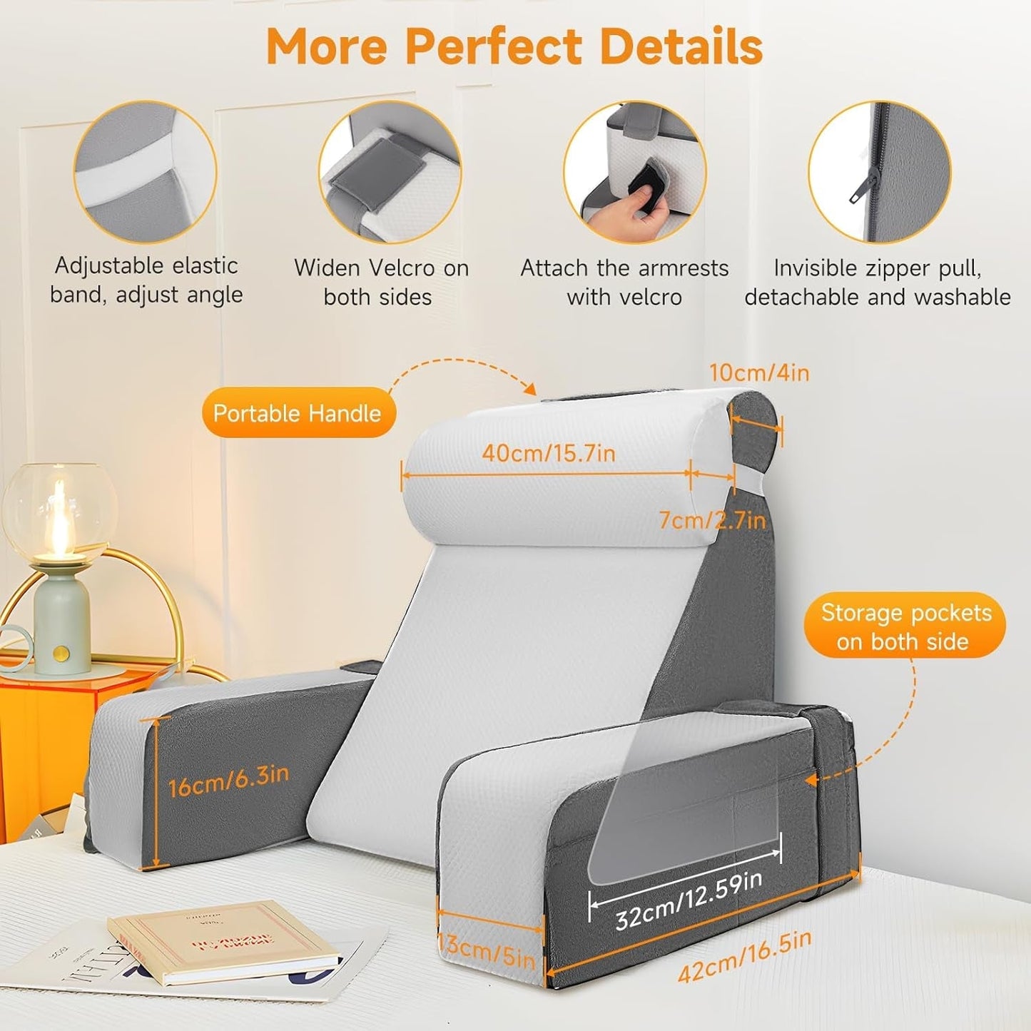Ampio cuscino da lettura con supporto per collo e braccioli removibili, cuscino schienale per letto, cuscino schienale ergonomico con bracciolo, tasca e fodera lavabile per leggere e guardare la TV.