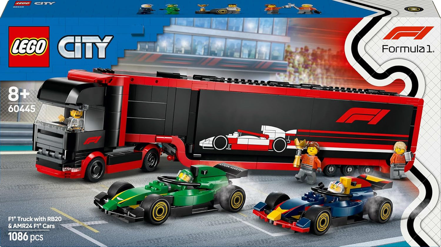 LEGO City Transporter F1 con auto da corsa F1 RB20 e AMR24 - Transporter di macchinine giocattolo per i team di Formula 1 Red Bull e Aston Martin - Incl. 5 minifigure - Regalo per ragazzi e ragazze dagli 8 anni in su 60445 Set da costruzione Besuche den LEGO-Store