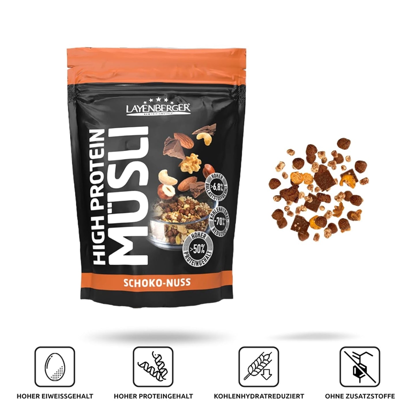 Layenberger Muesli ad alto contenuto proteico 3K, 50% Eiweiß e 18% Kohlenidrato - Confezione singola (1X 390 G) - Schoko-Nuss Cereale Naty Shop