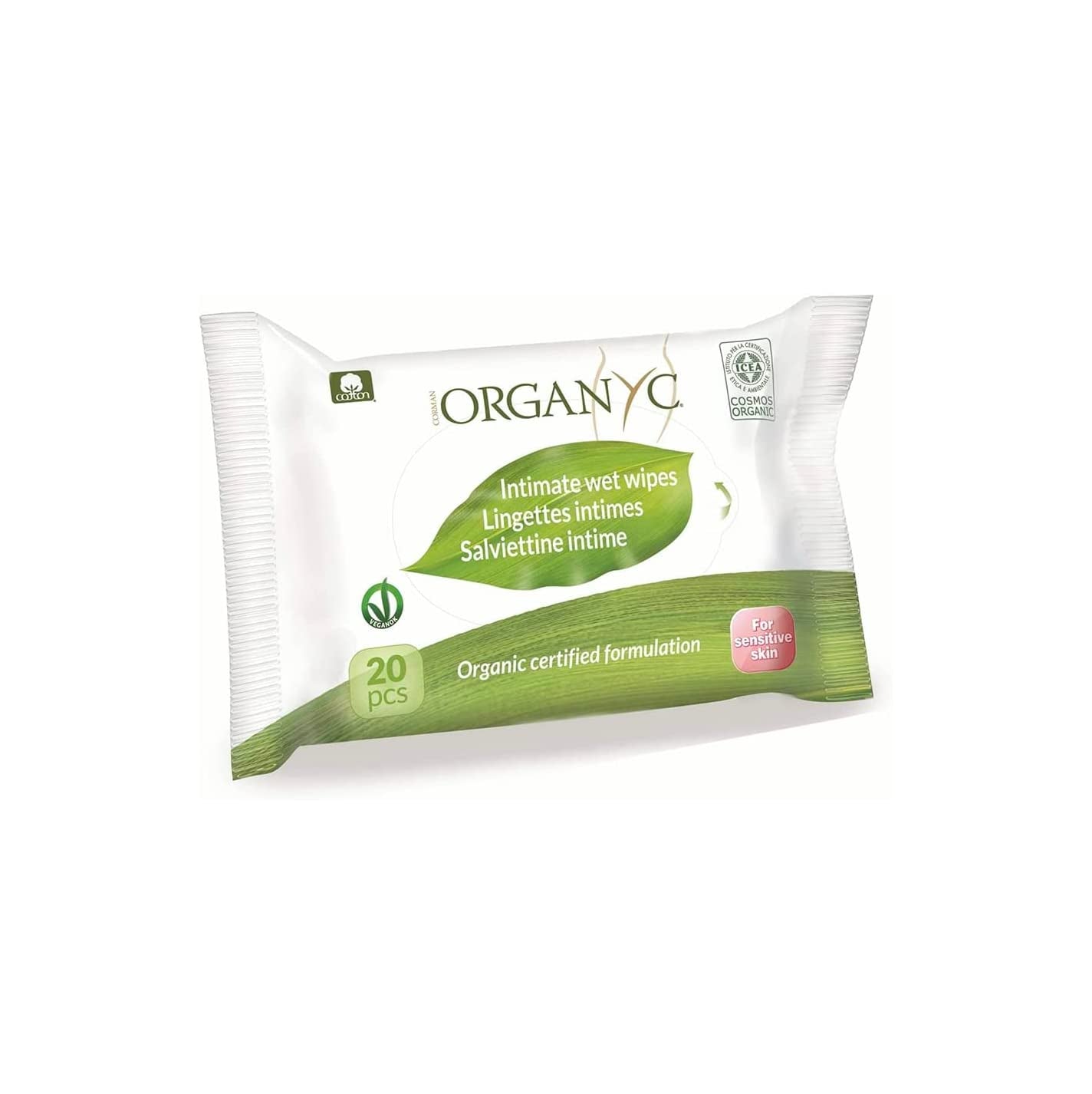 Salviette intime Organyc Moist, realizzate in cotone organico certificato al 100% - 4 confezioni da 20 salviette (80 salviette in totale)