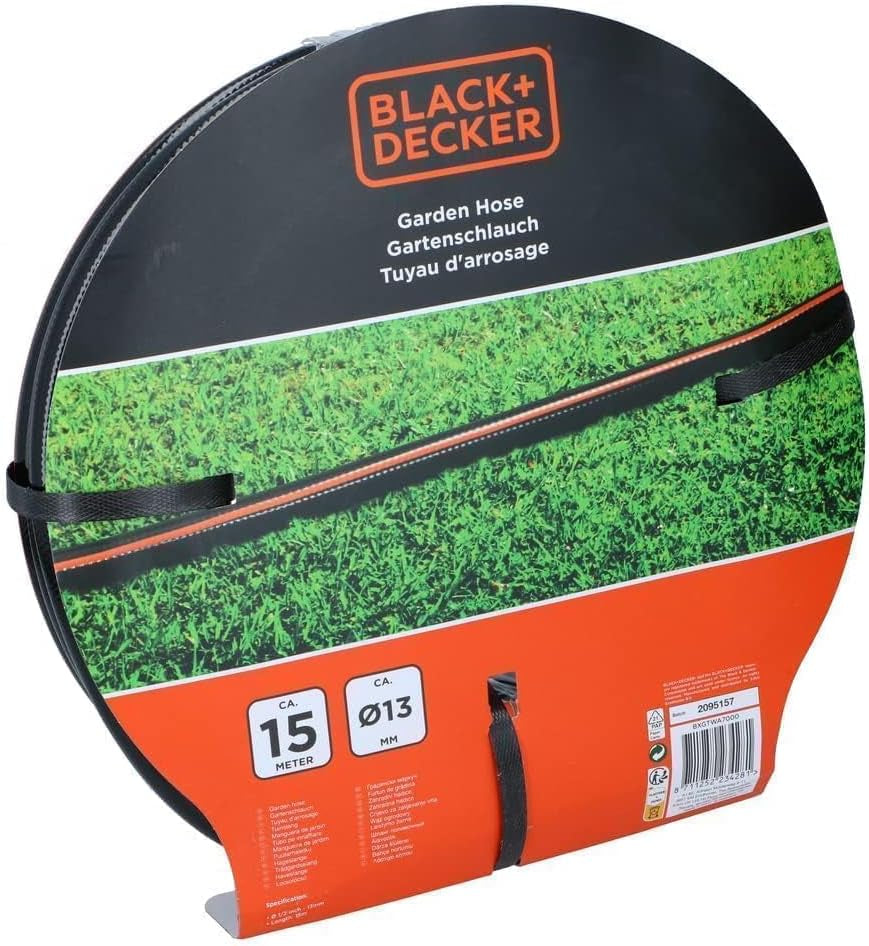 BLACK+DECKER Tubo da Giardino 15 metri - Ø13MM - PVC resistente - Irrigazione del giardino, lavaggio dell'auto, riempimento della piscina - Compatibile con qualsiasi rubinetto standard - Nero/Arancione