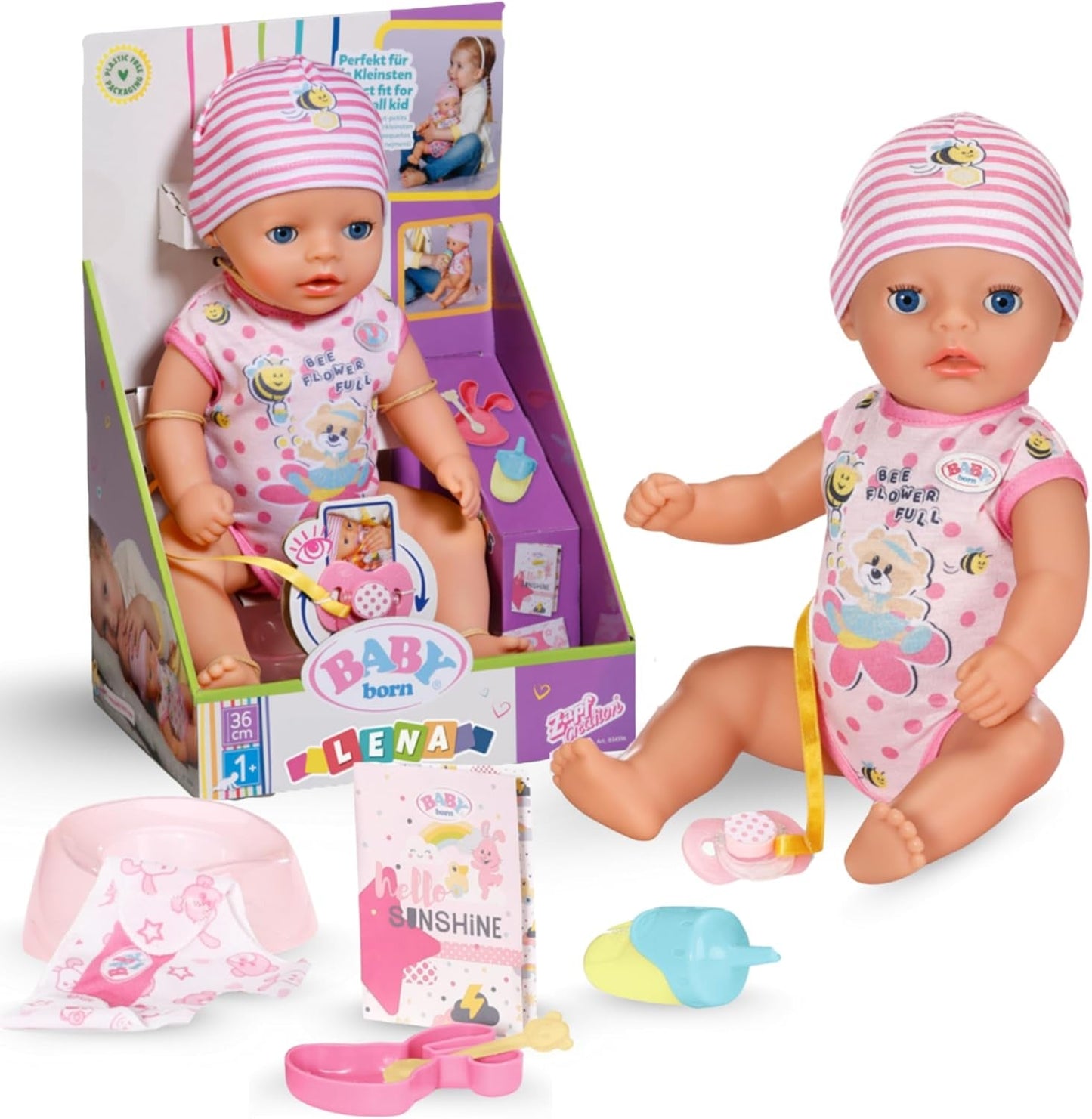 Bambolina Baby Born Lena (bambina) - 36 cm - 7 funzioni, compresi accessori e materasso - Funziona completamente senza batterie - Adatto a bambini piccoli a partire da 1 anno