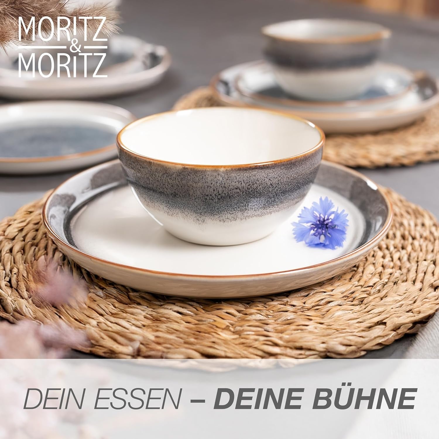 Moritz & Moritz TARENTO Servizio Piatti 24 Pezzi per 6, Grigio - Elegante Set di Piatti in Gres di Alta Qualità - Il set di stoviglie comprende 6 piatti piani, 6 piatti da dessert, 6 piatti piani e 6 tazze