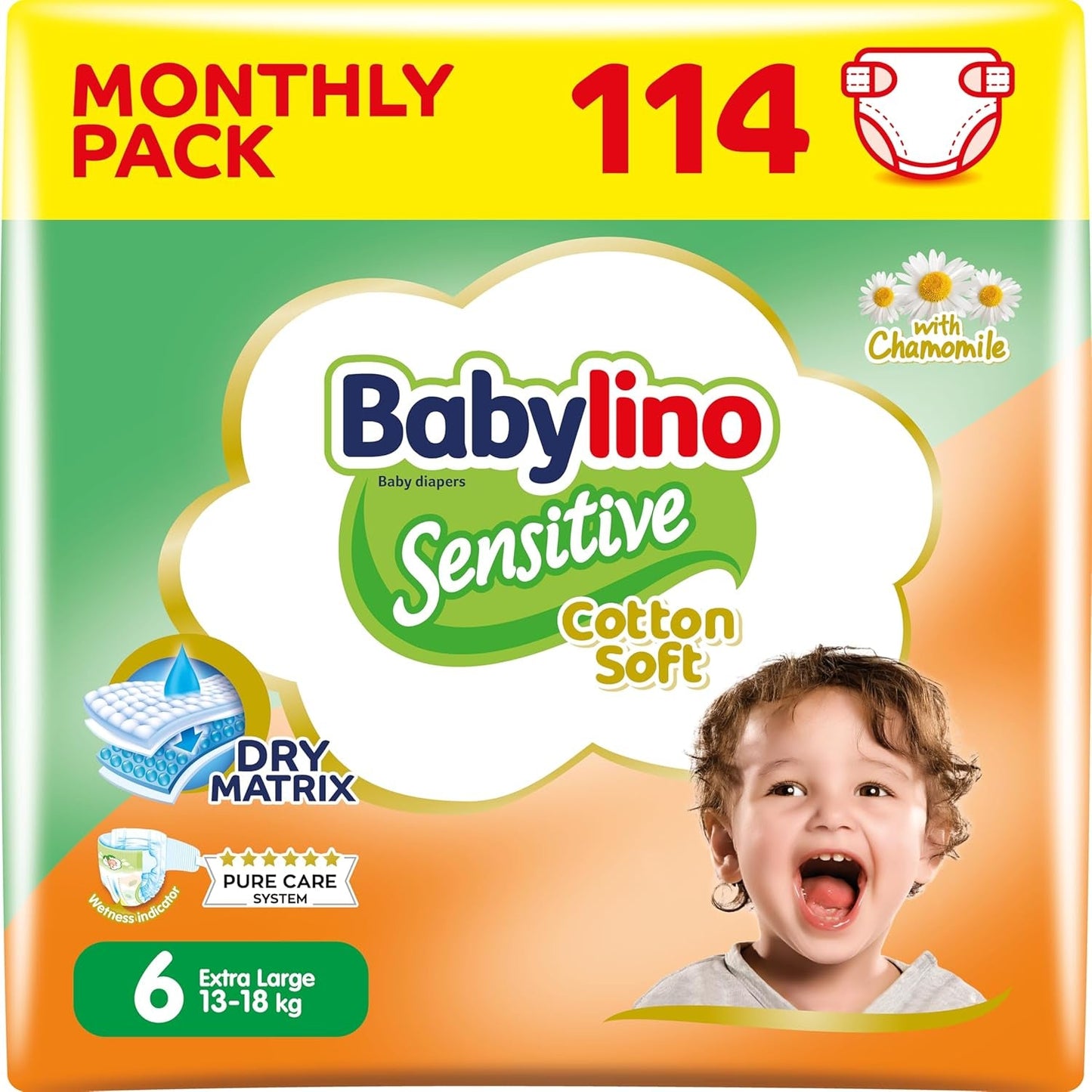 Pannolini per bambini sensibili, taglia 6, extra large (13-18 kg), 114 pannolini