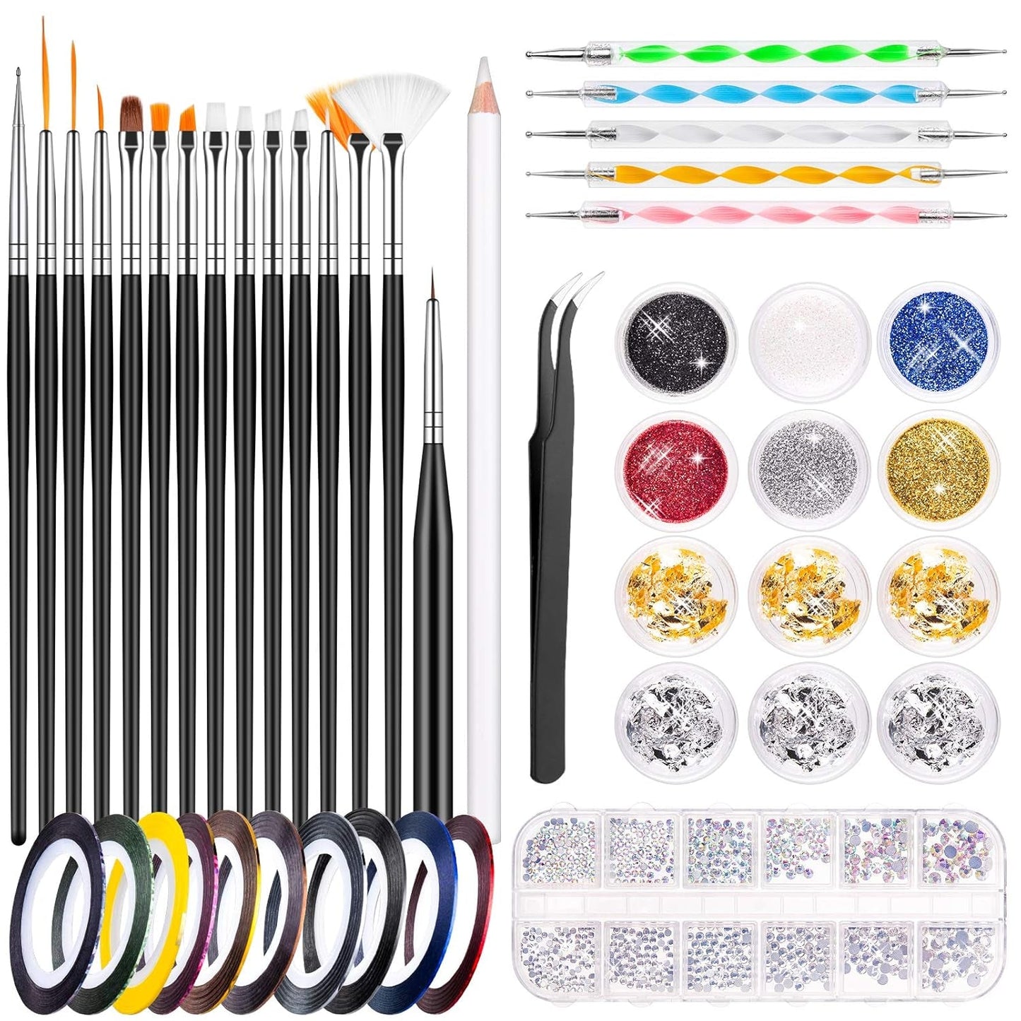 MELLIEX 45 Stück Nail Art Dekoration Zubehör Set, Nägel Pinsel Strasssteine ​​​​Glitzer Goldfolie Nageldesign Dotted Pen Streifenband Für Nagelkunst Maniküre Set