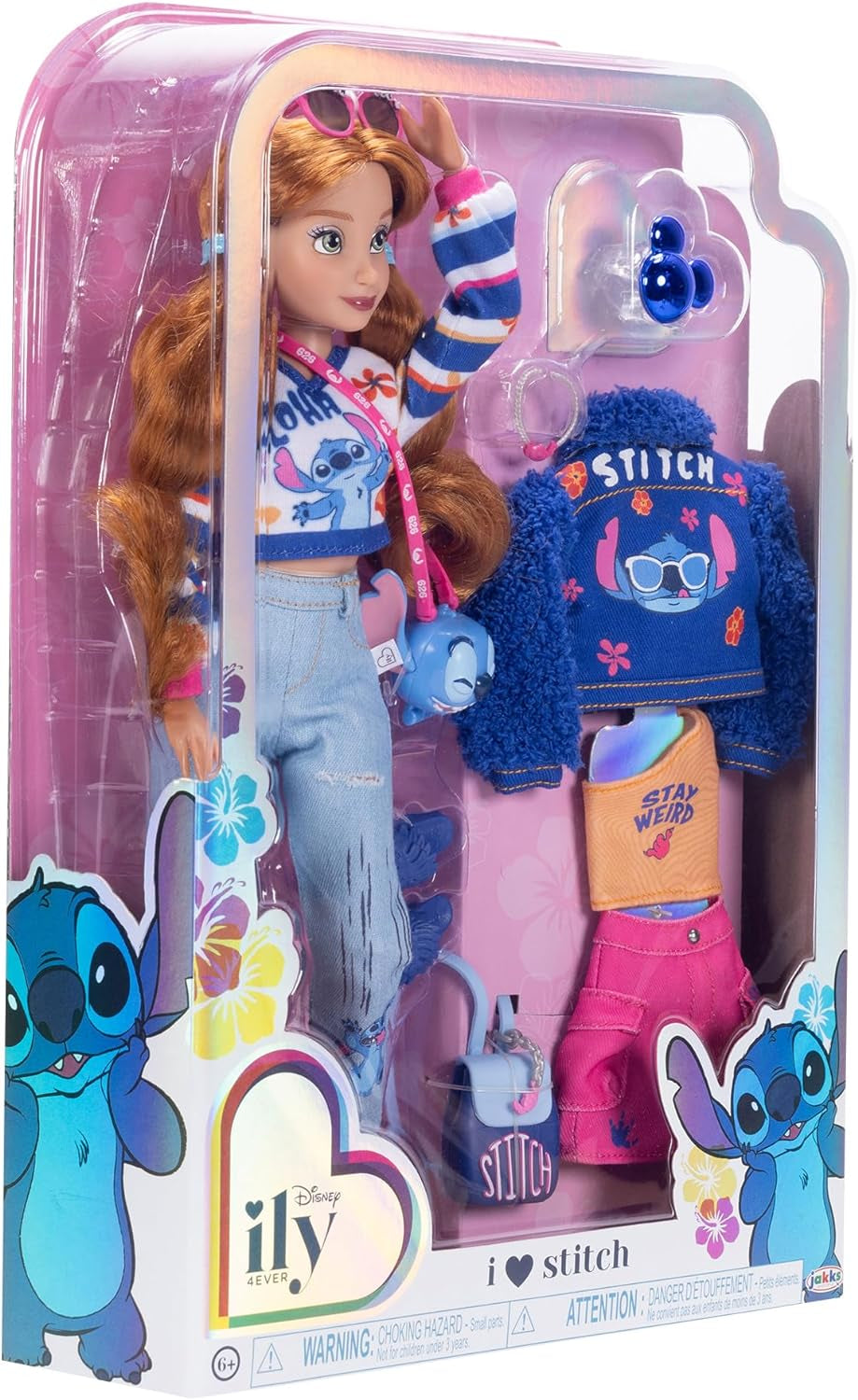 Bambole alla moda Disney ILY 4EVER Stitch con capelli rossi, alte 29 cm, con 13 punti di articolazione, due abiti completi mix-and-match e uno scintillante anello di Topolino per te!