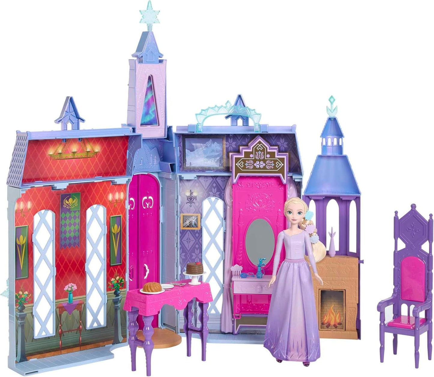 Mattel Disney Frozen - Casa delle bambole Castello Arendelle (60 cm+) con la bambola Elsa, 4 parchi giochi e 15 mobili e accessori Disney Frozen II, HLW61