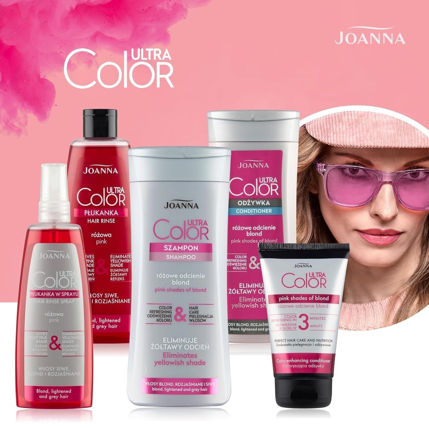Joanna Ultra Color - Balsamo colorante rosa per capelli biondi e chiari - Rosa pastello - Lucentezza naturale - Rimuove la tinta gialla dai capelli biondo-grigi - Effetto temporaneo - Tintura per capelli 150 ml Naty Shop