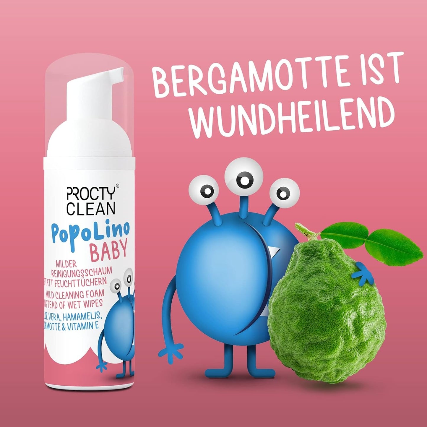 PopoLino Baby fondo morbido in schiuma al posto delle salviette umidificate. Schiuma detergente cosmetica vegana e naturale! Schiuma per i sederi con aloe vera, amamelide, bergamotto e vitamina E. Rende felici i sederi e l'ambiente.