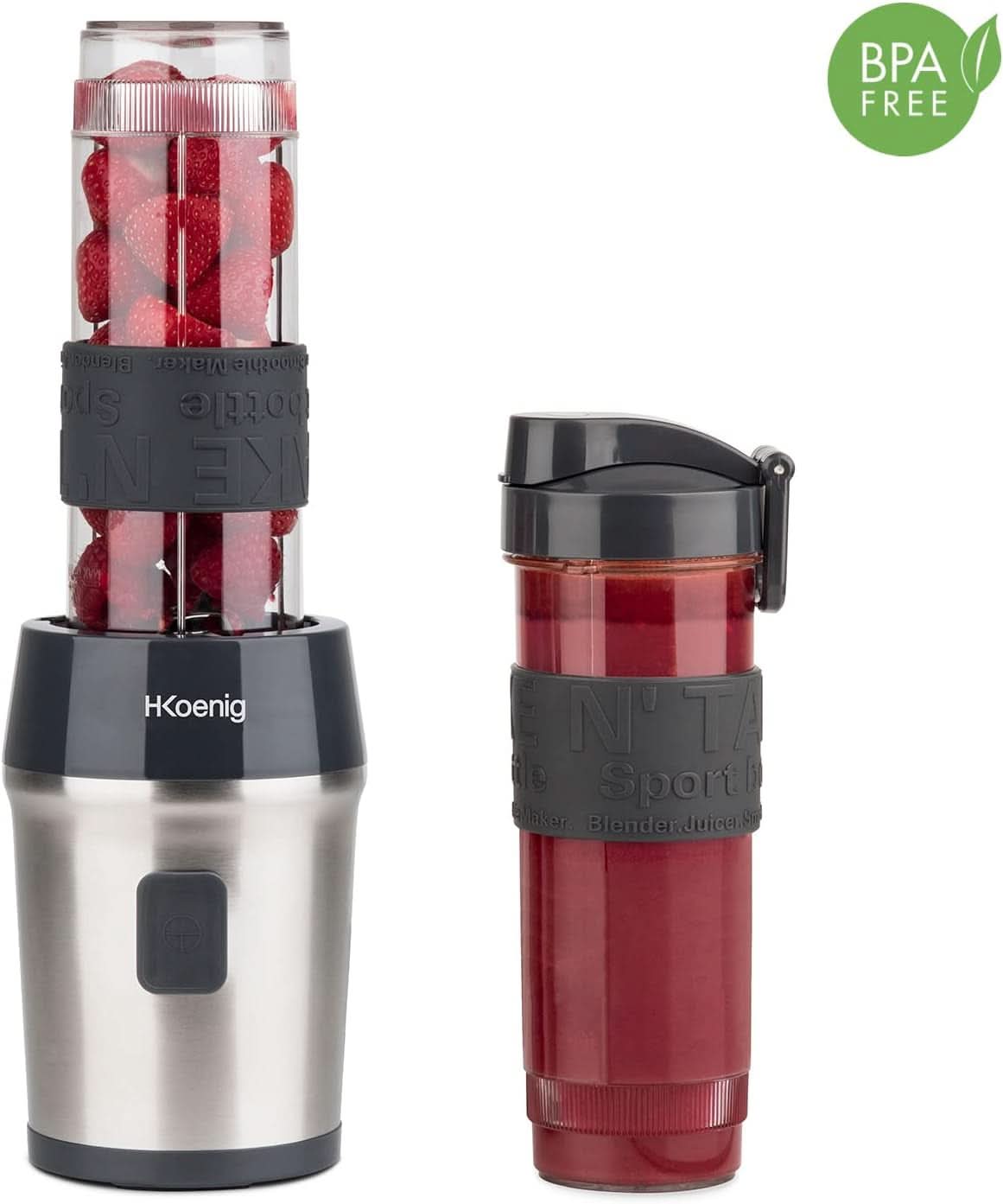H.Koenig Smoothie Maker SMOO9 - Mini Robot da cucina - Mini Frullatore - 300 Watt - 570 Ml - Edelstahl - 2 Kunststoffflaschen - Bpa-Frei, Grau Kitchen Naty Shop