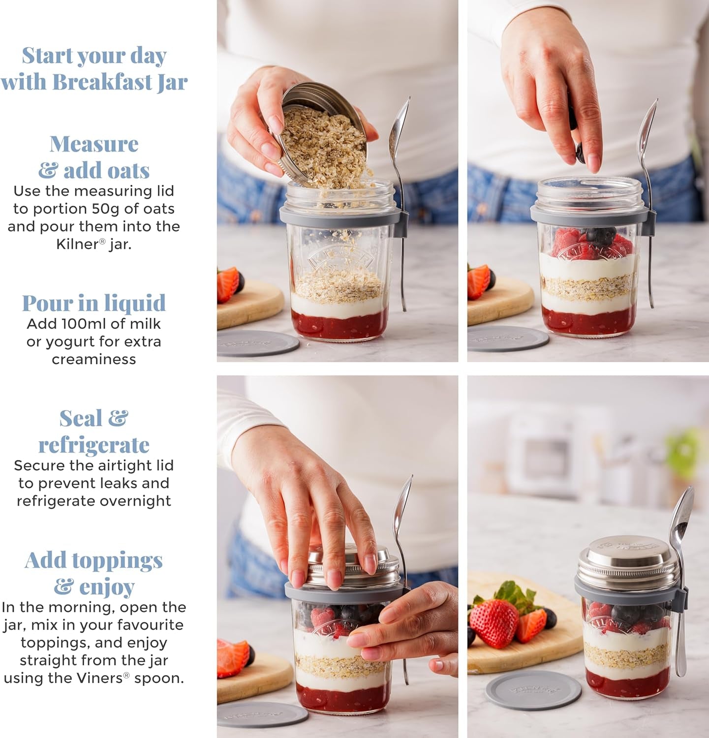 Barattolo per colazione Kilner con cucchiaio / 350 ml, Ø 9,5 cm / 5 pezzi | tazza di muesli da asporto / non tossico / contenitore in vetro con coperchio per muesli, porridge e yogurt / contenitore per avena durante la notte Naty Shop Food Storage Boxes