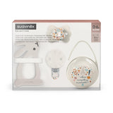 Set regalo Suavinex per neonati. Set 4 pezzi composto da: Succhietto fisiologico SX Pro per neonati 0-6 mesi + portaciuccio + copriciuccio Duo + anello dentizione in silicone. Paese delle meraviglie, beige