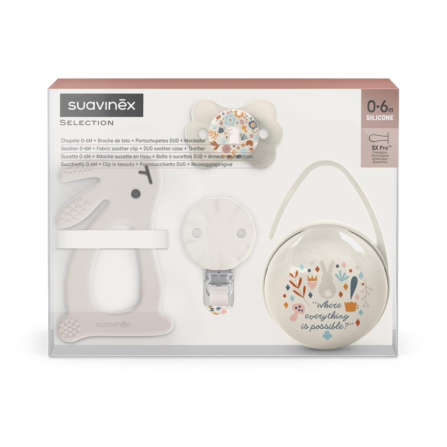Set regalo Suavinex per neonati. Set 4 pezzi composto da: Succhietto fisiologico SX Pro per neonati 0-6 mesi + portaciuccio + copriciuccio Duo + anello dentizione in silicone. Paese delle meraviglie, beige