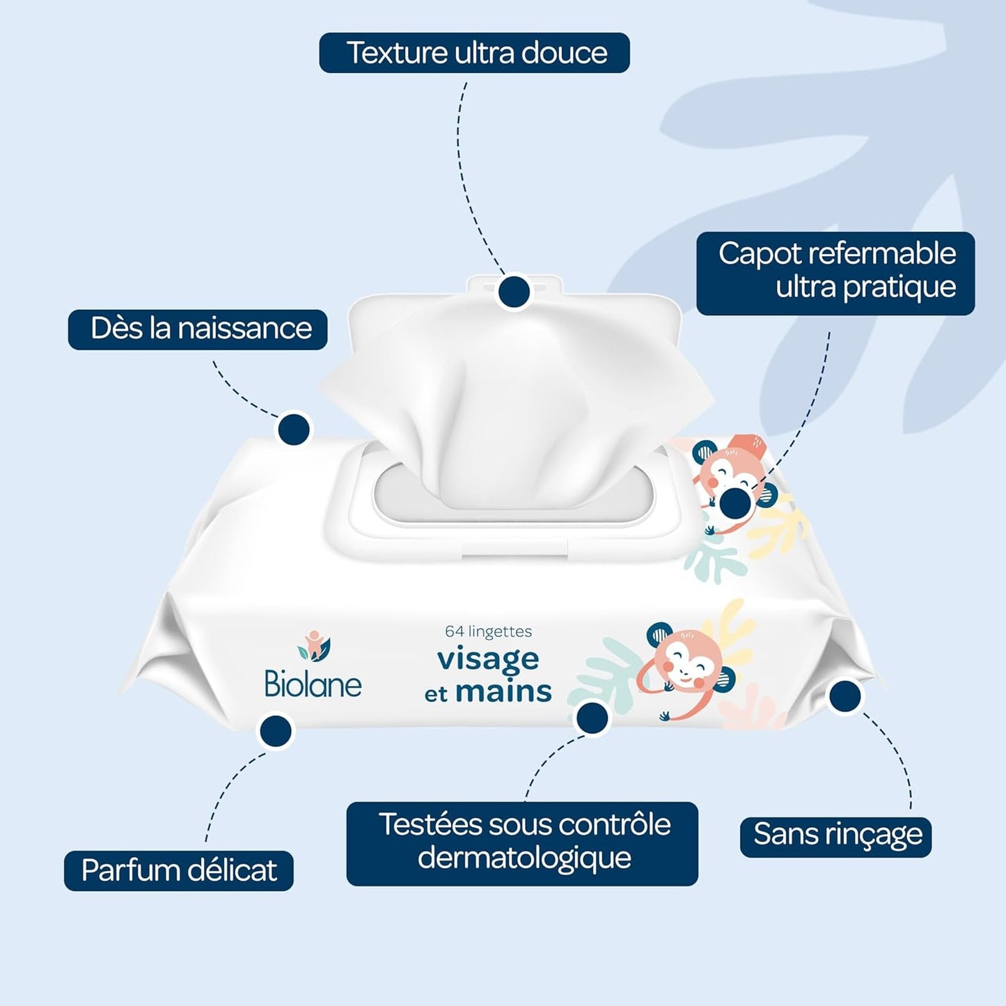 BIOLANE - Salviettine umidificate per viso e mani per bambini - Confezione da 6 - 384 salviette (6 x 64 cm) - Pulisce e protegge - Articoli da toeletta - Ipoallergenico - Per pelli sensibili - 97% ingredienti naturali - Prodotto