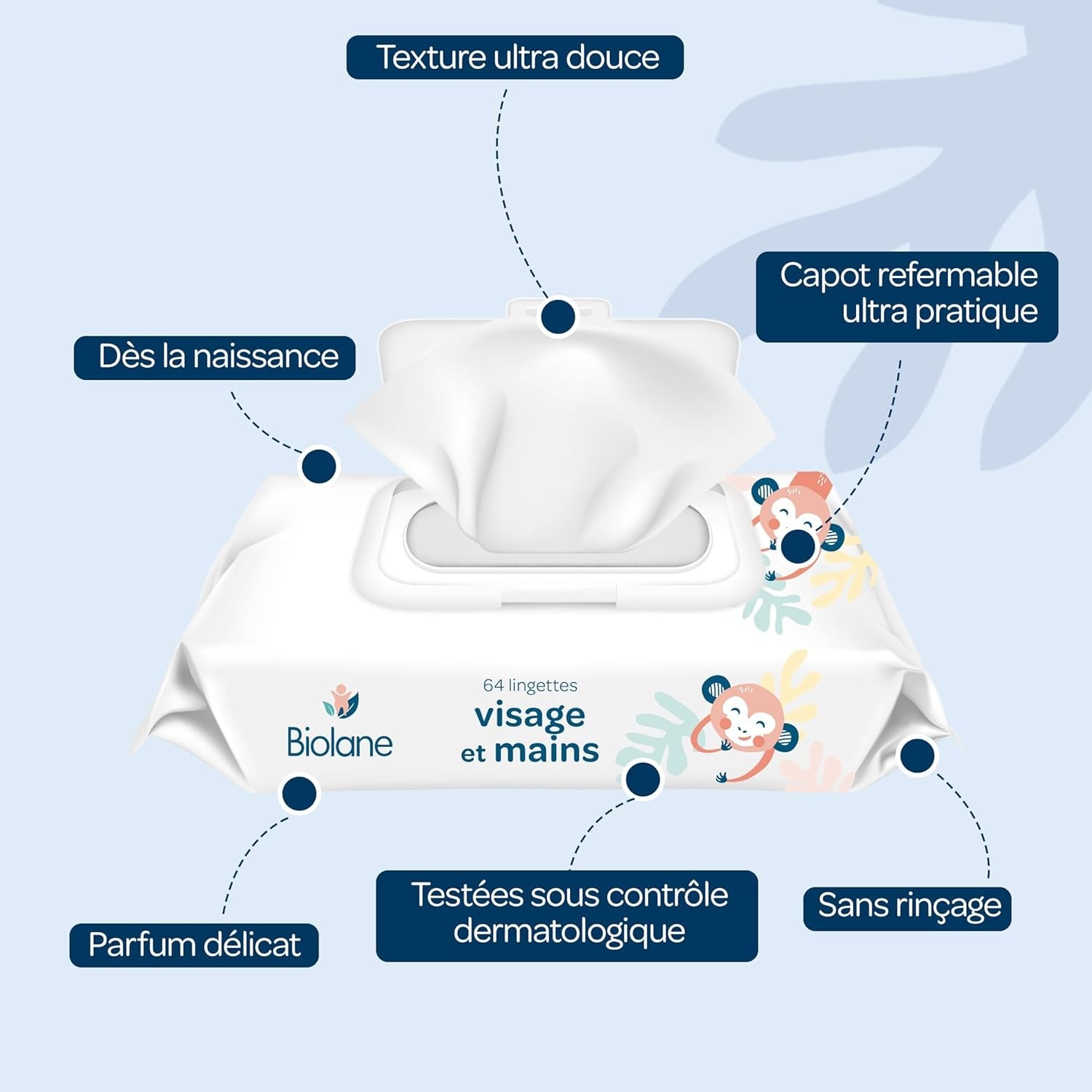 BIOLANE - Salviettine umidificate per viso e mani per bambini - Confezione da 6 - 384 salviette (6 x 64 cm) - Pulisce e protegge - Articoli da toeletta - Ipoallergenico - Per pelli sensibili - 97% ingredienti naturali - Prodotto