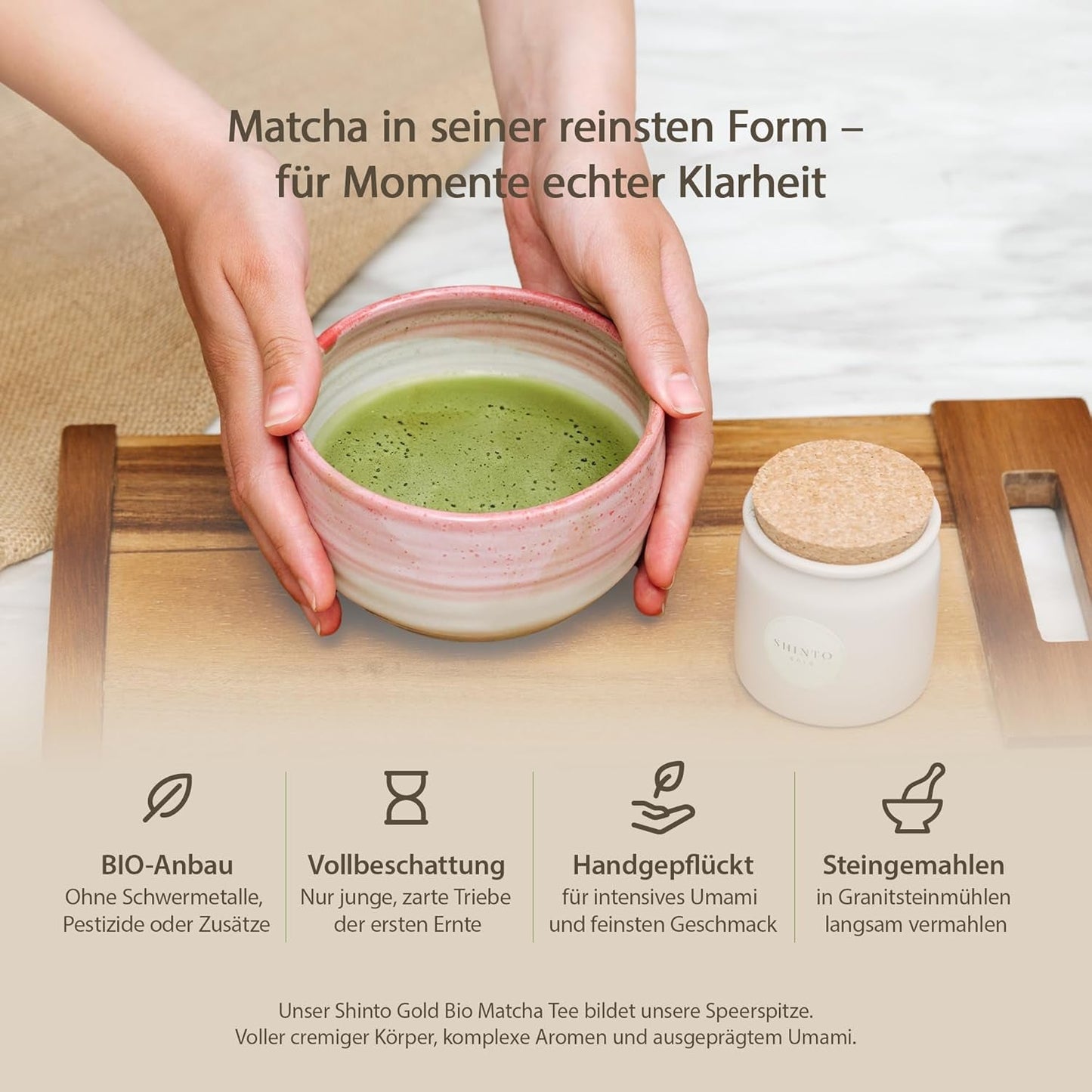 Shinto - Tè Matcha biologico "Oro" - Polvere di tè verde di grado cerimoniale - Certificato JAS e EU BIO - Ombreggiato e raccolto a mano - Importazione diretta da Uji, Giappone - 30g