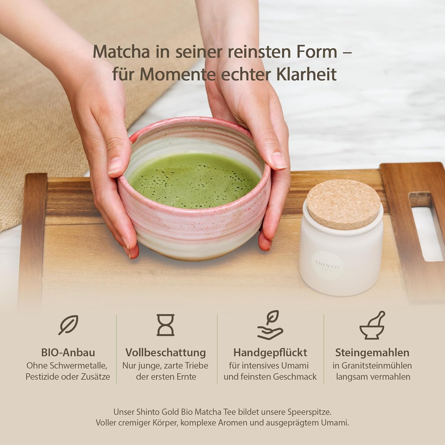 Shinto - Tè Matcha biologico "Oro" - Polvere di tè verde di grado cerimoniale - Certificato JAS e EU BIO - Ombreggiato e raccolto a mano - Importazione diretta da Uji, Giappone - 30g