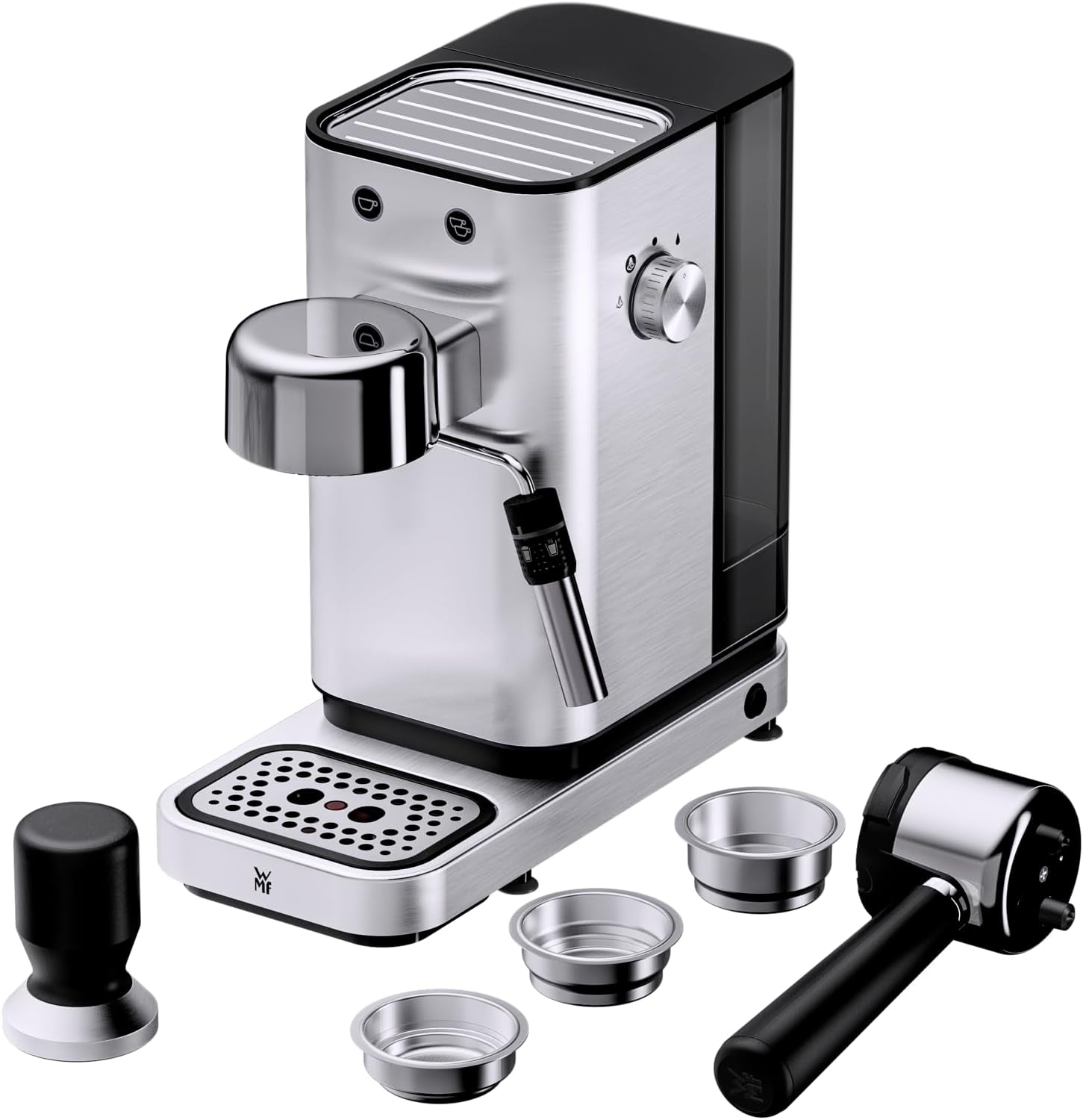 Macchina per caffè espresso WMF Lumero, portafiltro, 1400 watt, portafiltro, 3 inserti, per 1-2 tazzine di caffè espresso, incluse capsule, 15 bar, portabicchieri, montalatte, acciaio inossidabile opaco