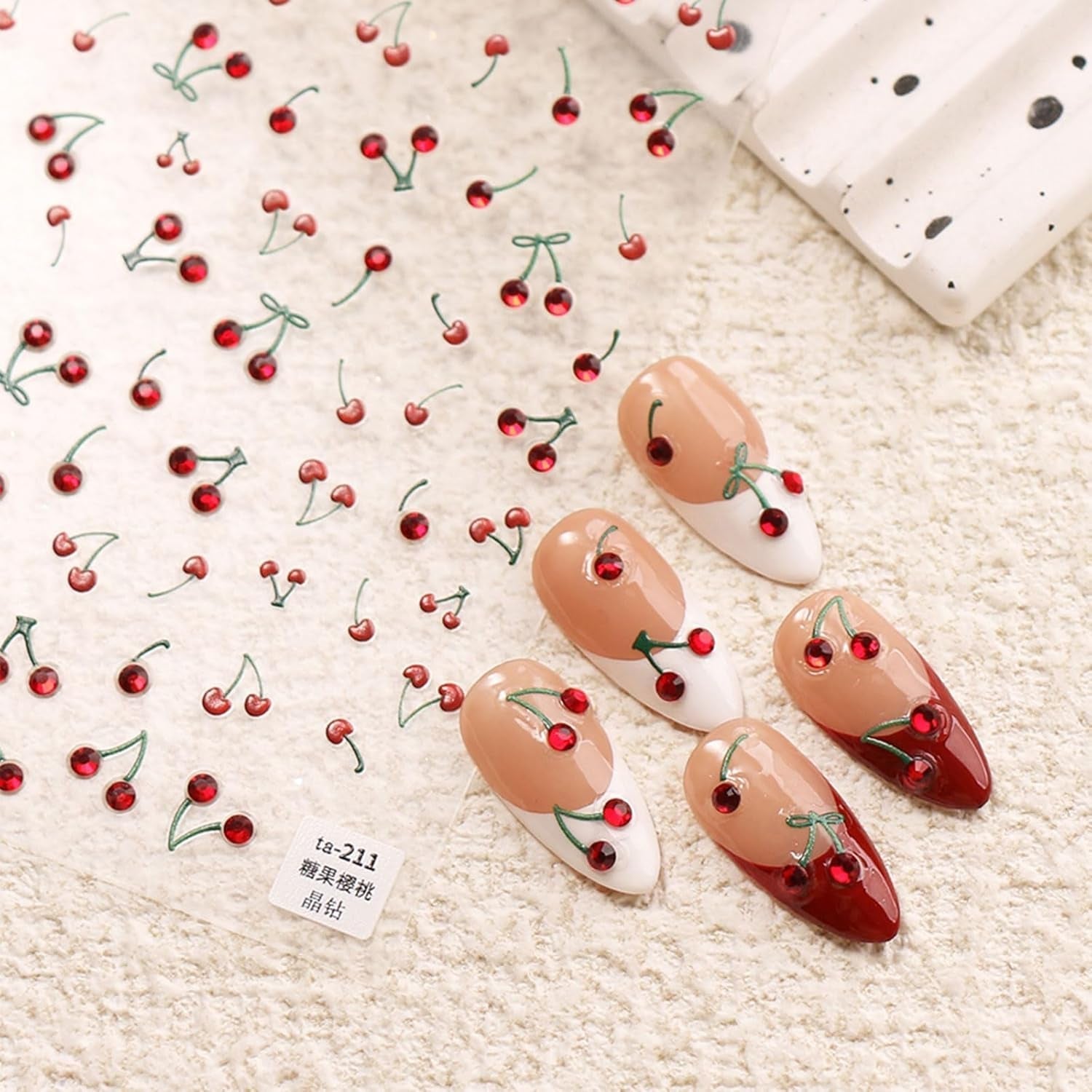 JMEOWIO 3D Nagelsticker Kirsche Nail Art Sticker Self-klebend Nagelaufkleber 5D Stereoscopico Decorazione Nageldesign Zubehör 1 Blatt