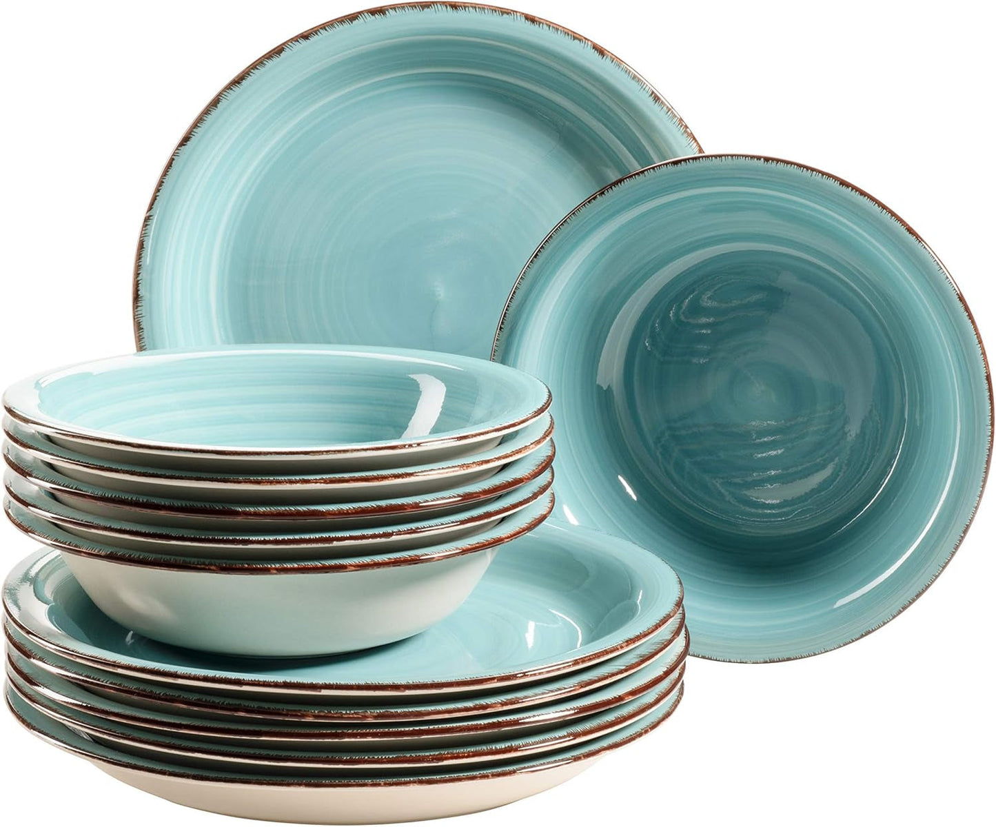 MÄSER Bel Tempo II Set da banco per 6 persone in moderno look vintage, servizio da tavola da 12 pezzi, verniciato a mano, Türkis, Steingut, 27 centimetri