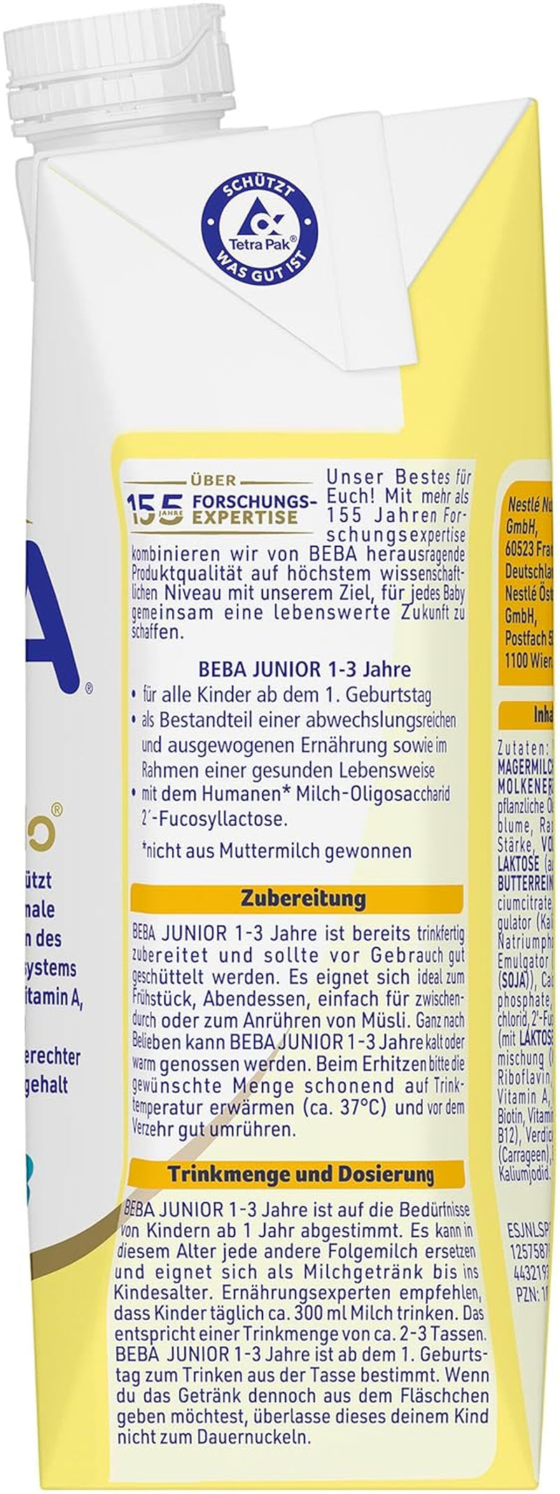 BEBA Junior, bevanda a base di latte pronta da bere per 1-3 anni, con HMO, contenuto proteico adeguato all'età, senza olio di palma, senza olio di pesce, alimenti per bambini, confezione da 12 (12 x 500 ml)