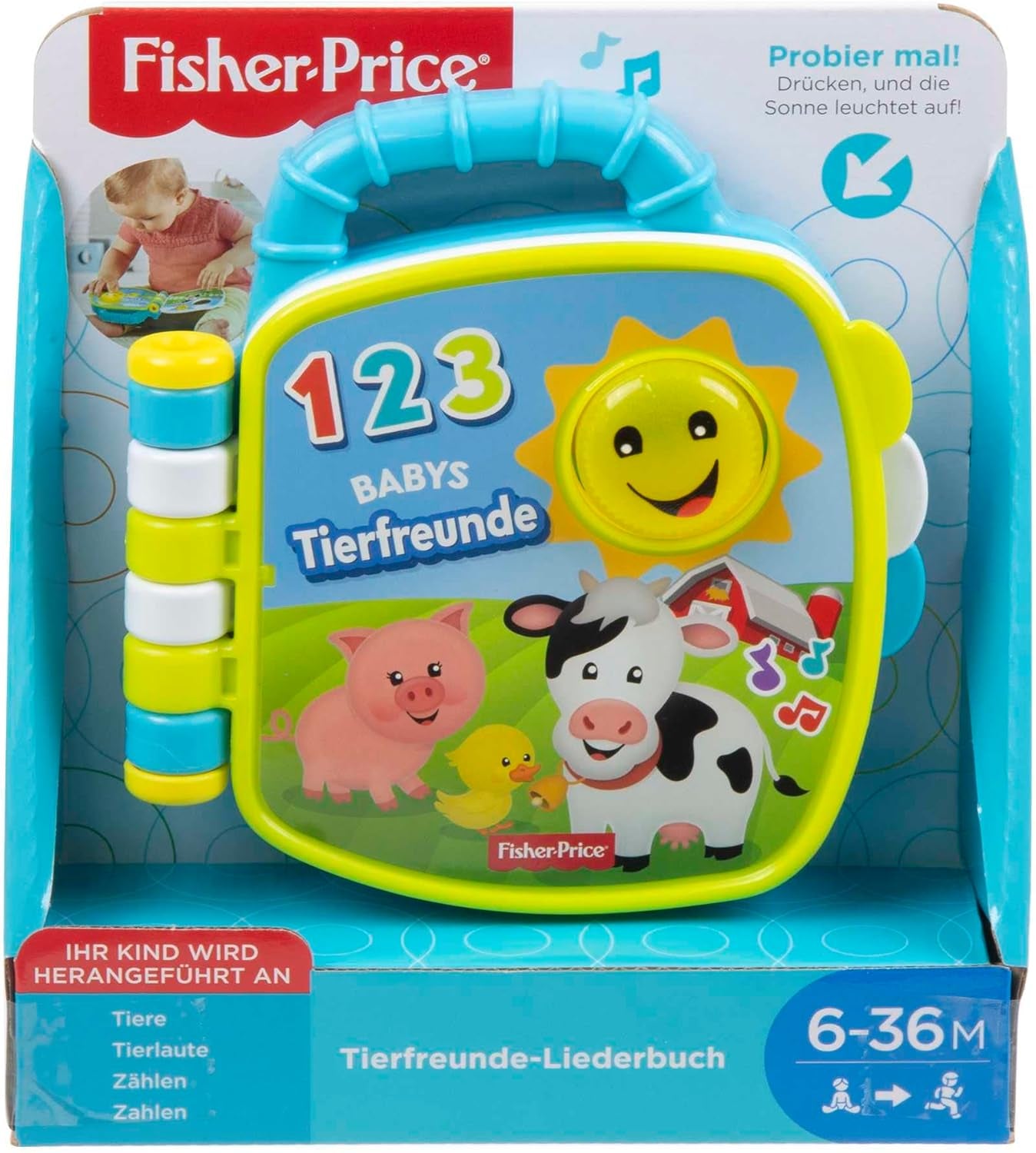 Fisher-Price Libro dei Canti Musicali degli Amici degli Animali | Giocattolo per bambini da 6 mesi, 1 anno per ragazze e ragazzi | Giocattolo per bambini | Libro di musica con suoni ed effetti luminosi | Giocattolo educativo (tedesco), GFP29 Jucarii Bebe Naty Shop