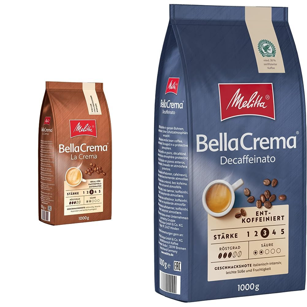 Melitta BellaCrema La Crema caffè in grani 1kg e BellaCrema Decaffeinato caffè decaffeinato in grani 1kg