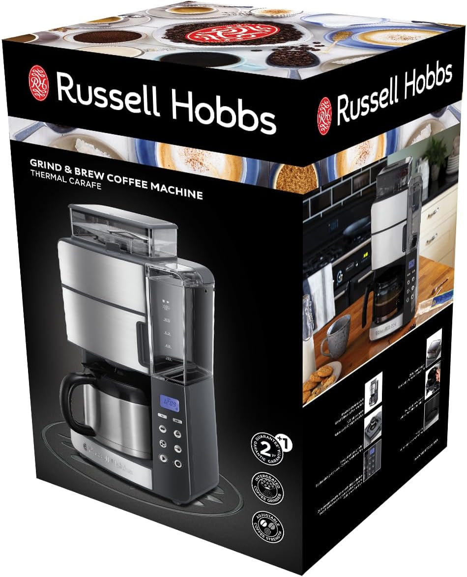 Caffettiera Russell Hobbs con macinacaffè e caraffa termica [Timer digitale, soffione doccia per estrazione e aroma ottimali] Grind&Brew (1-10 tazze, 3 impostazioni di macinatura) Caffettiera con filtro 25620-56