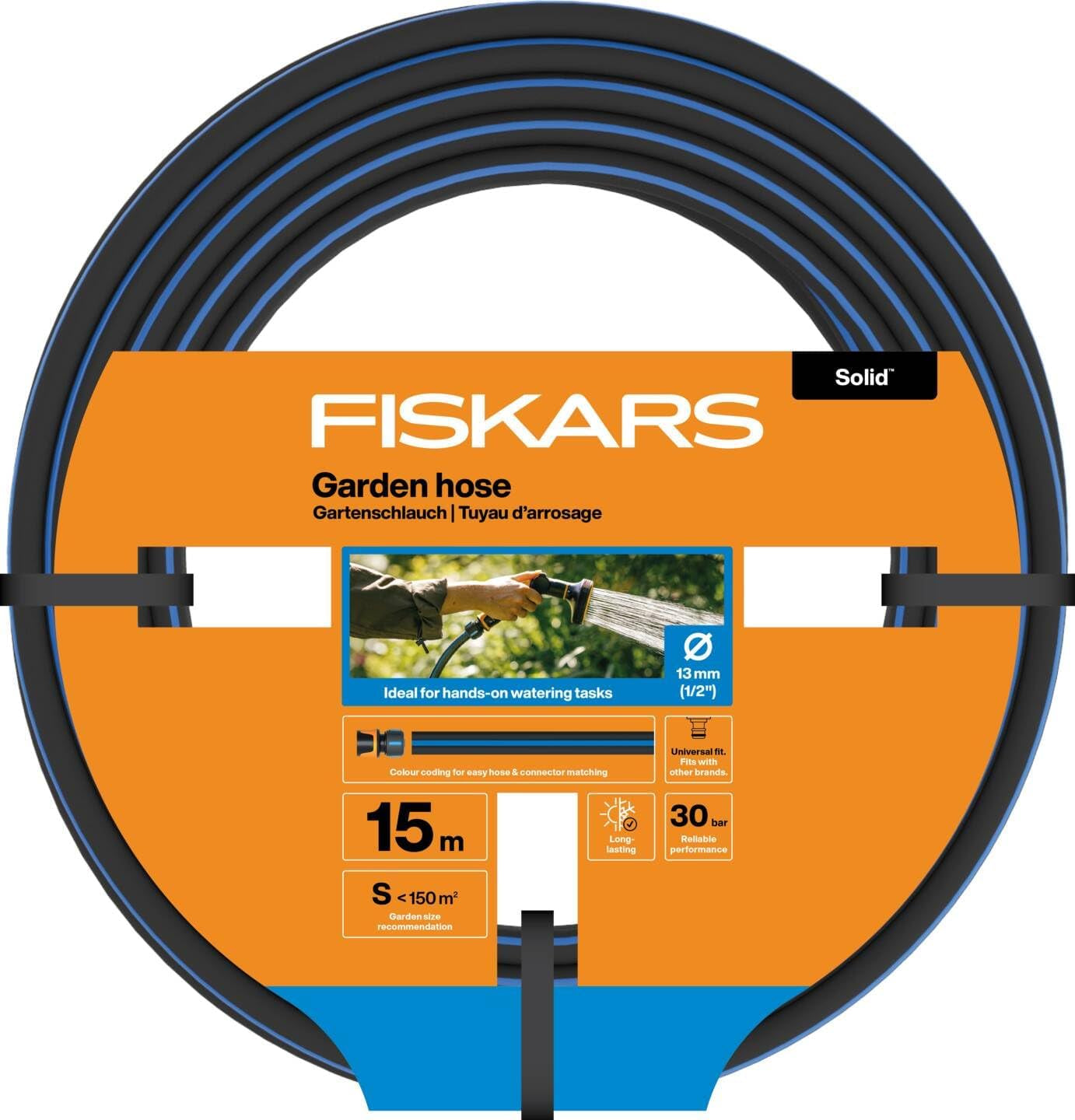 Fiskars Tubo da giardino S, Solido, Tubo dell'acqua per irrigazione manuale, 13 mm (1/2"), Lunghezza: 15 m, Collegamento universale, Protezione UV, Protezione antigelo, Resistente alla torsione, Blu, 1076049