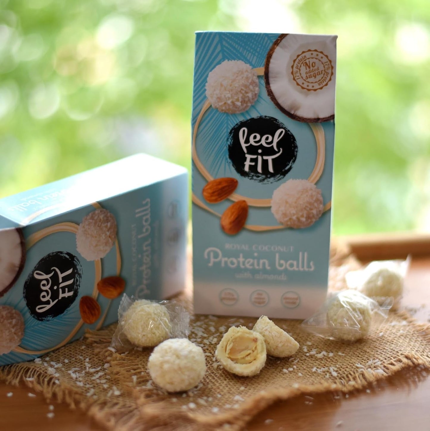 Praline al cocco senza zucchero con mandorle, Feel FIT, senza zuccheri aggiunti, 17% proteine, 63 g