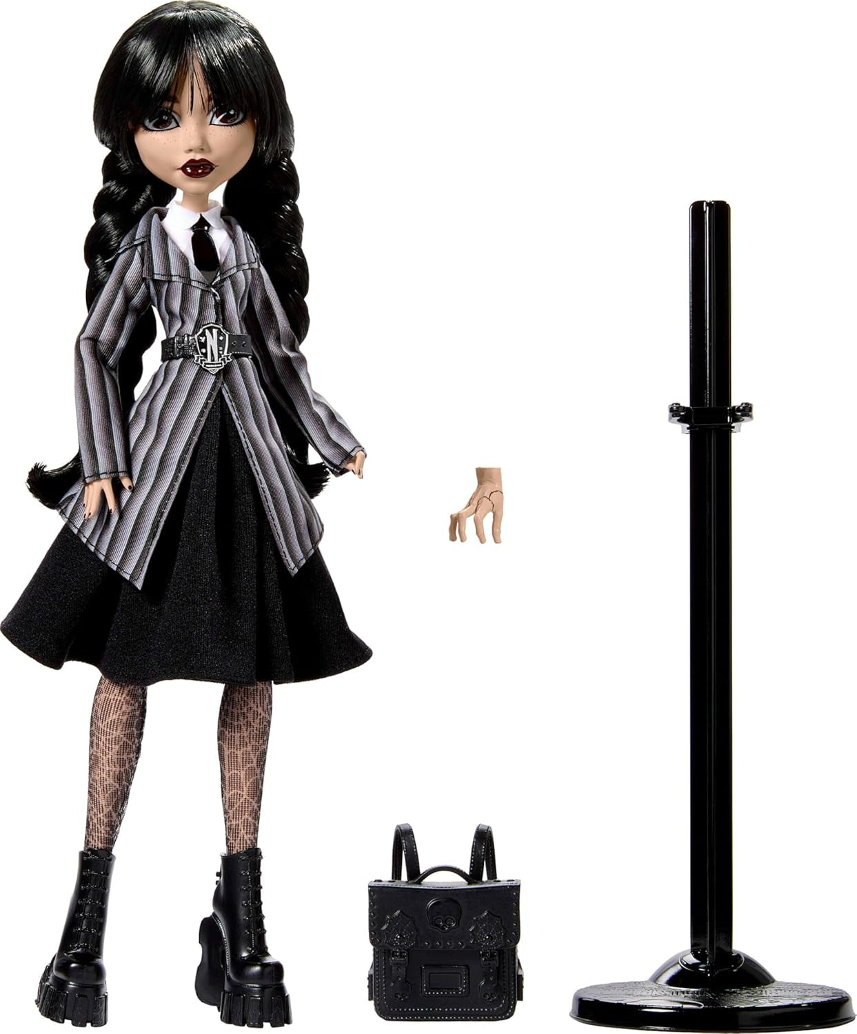 Monster High Wednesday Puppe e accessori, Wednesday Addams Sammelfigur in Nevermore Academy Uniform mit Eiskaltem Händchen und Rucksack, Puppenständer, HXJ04