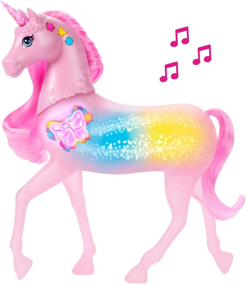 Barbie unicorno che si illumina al buio con 20 combinazioni interattive di effetti luminosi, sonori ed musicali per giocare premendo i pulsanti e accarezzando la testa, JCP78