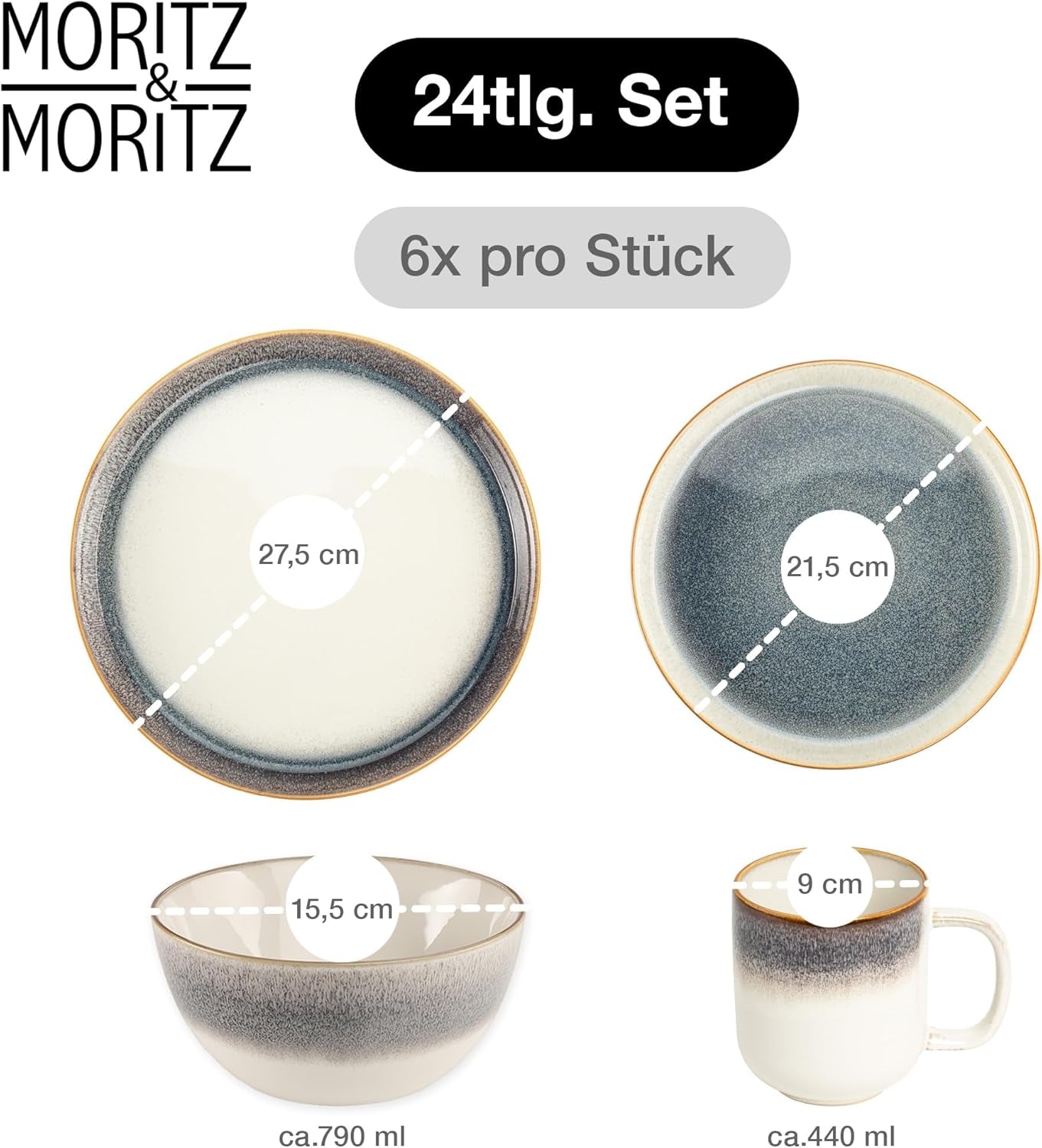 Moritz & Moritz TARENTO Servizio Piatti 24 Pezzi per 6, Grigio - Elegante Set di Piatti in Gres di Alta Qualità - Il set di stoviglie comprende 6 piatti piani, 6 piatti da dessert, 6 piatti piani e 6 tazze