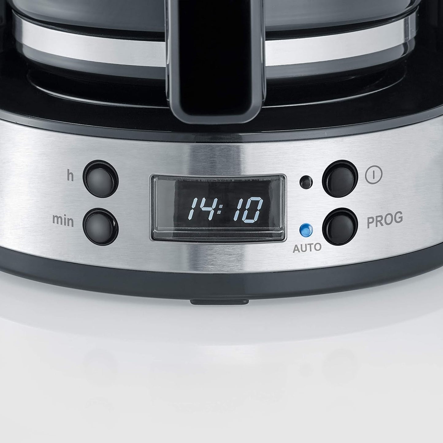 Macchina per caffè espresso SEVERIN "TypeSwitch" con caraffa in vetro e timer, AromaSwitch per scegliere 2 opzioni di erogazione, orologio digitale con funzione timer, per un massimo di 10 tazze, 1000 W, acciaio inossidabile spazzolato-nero, KA 4826