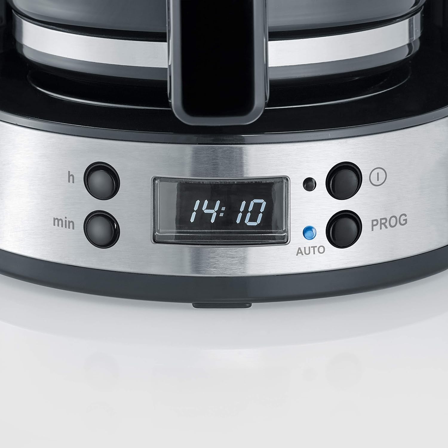Macchina per caffè espresso SEVERIN "TypeSwitch" con caraffa in vetro e timer, AromaSwitch per scegliere 2 opzioni di erogazione, orologio digitale con funzione timer, per un massimo di 10 tazze, 1000 W, acciaio inossidabile spazzolato-nero, KA 4826