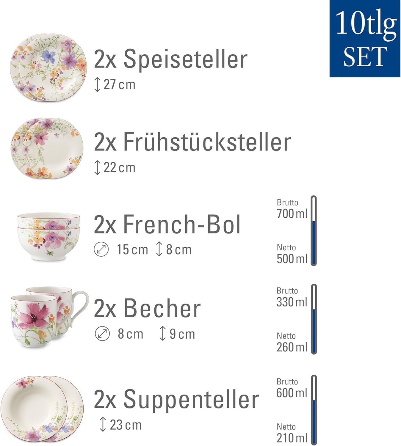Villeroy & Boch Mariefleur Set Iniziale, Colori Assortiti, Lavabile in Lavastoviglie, Adatto al Microonde, Servizio Piatti per 2, Servizio Piatti Floreale, Stoviglie, Set Combinato, Porcellana Premium