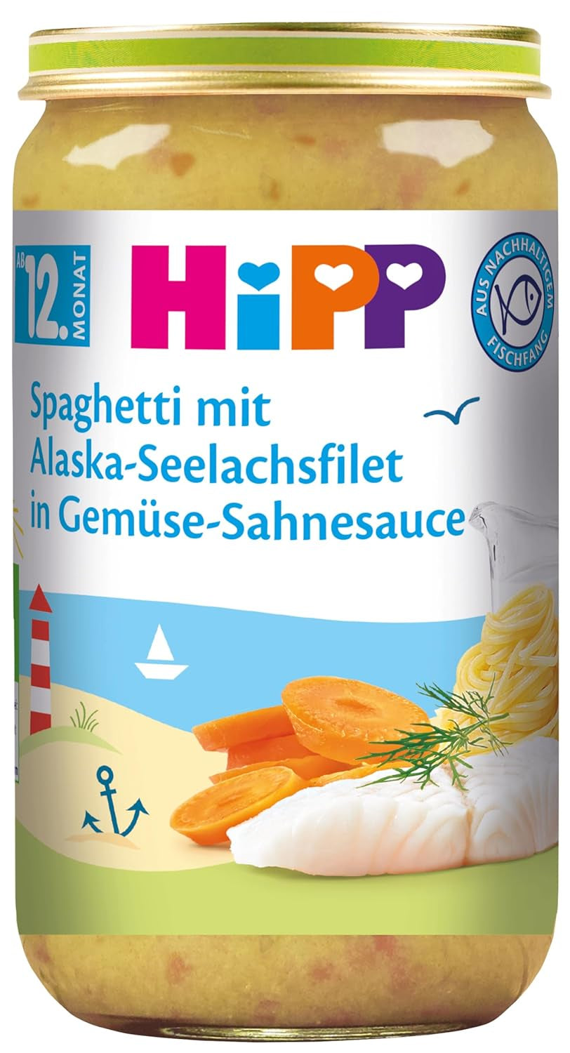 Spaghetti HiPP con filetti di pollock dell'Alaska in salsa cremosa di verdure, confezione da 6 (6 x 250 g)