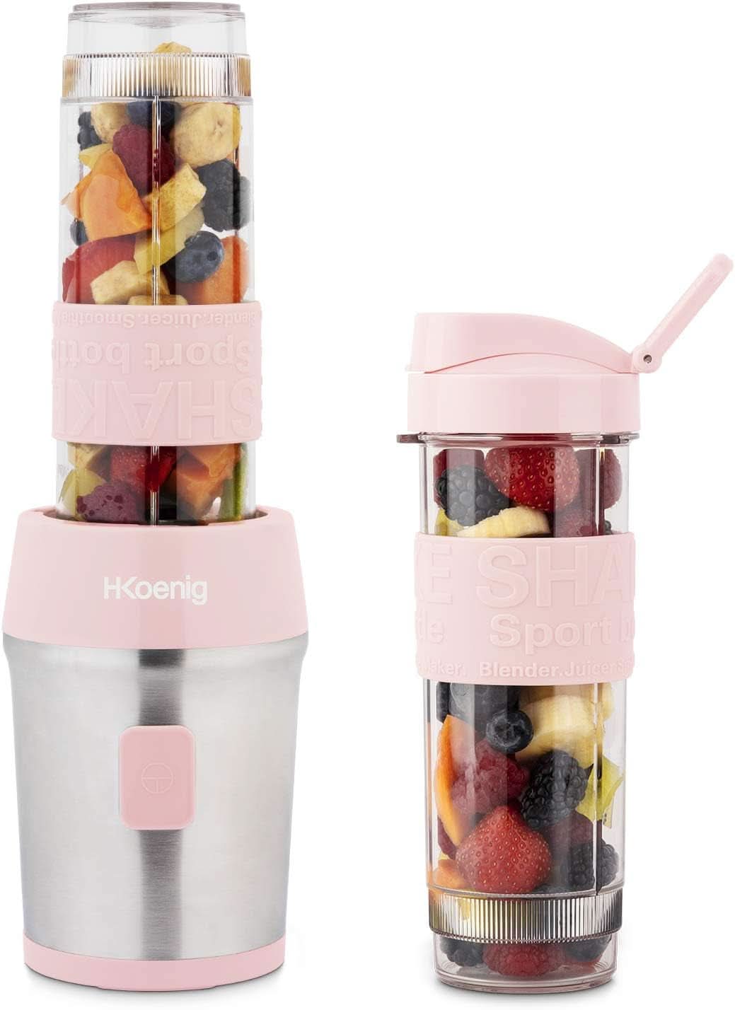 H.Koenig Smoothie Maker SMOO9 - Mini robot da cucina - Mini frullatore - 300 Watt - 570 ml - Edelstahl - 2 bottiglie di plastica - senza Bpa, grano Cucina Naty Shop Pastelrosa